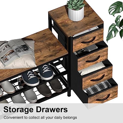 EXOTICA Industrial Shoe Storage Bench with 4 Drawers & Seat, Rustic Brown
