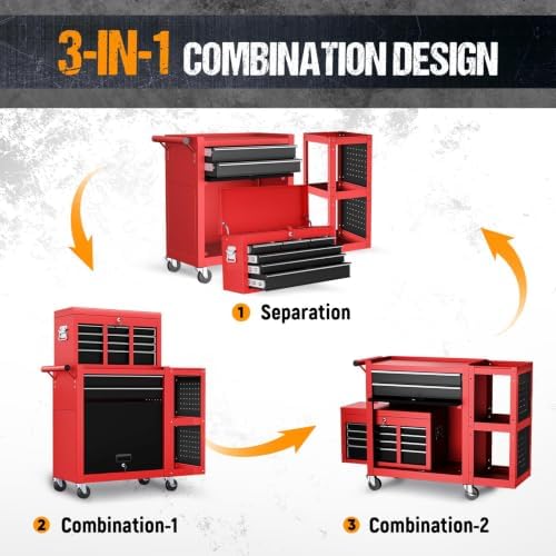 8-Drawer Rolling Tool Chest,3-in-1 Tool Box on Wheels with Lockable Steel Cab...
