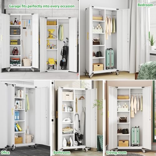 71" Tall Broom Closet Storage Cabinet with Hanging Rod for Cleaning Supp...