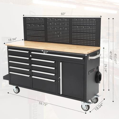 IDEALHOUSE 61-inch Rolling Tool Chest, 10 Drawers Garage Workbench Storage To...