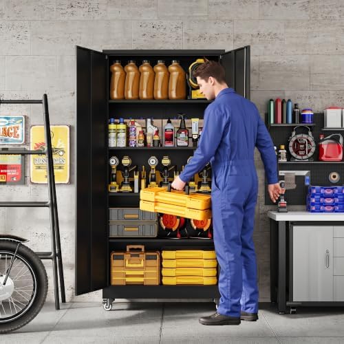 Metal Garage Storage Cabinet with Locking Doors and Adjustable Shelves, Wide ...