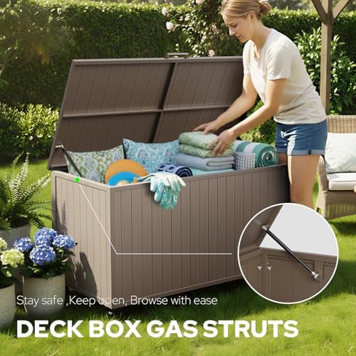 150 Gallon Outdoor Storage Box with Wheels, Metal Deck Boxes,Brown