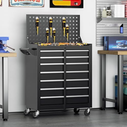 Greenvelly 7-Drawer Rolling Tool Chest with Pegboard, Pre-Assembled Metal Too...