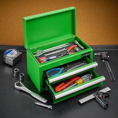Mini Tool Box - Metal Tool Chest with 2 Drawers & PVC Drawer Liners - Green