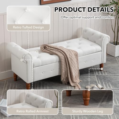 NIOIIKIT 63'' Storage Ottoman Bench, Tufted Entryway Bench White Poly...