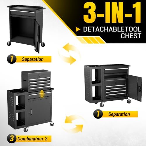 LDHTHOPI 5-Drawer Rolling Tool Chest, 3-in-1 Detachable Top Box