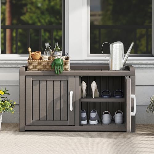2-Tier Storage Bench, Waterproof UV-Resistant Outdoor Shoe Storage Cabinet wi...