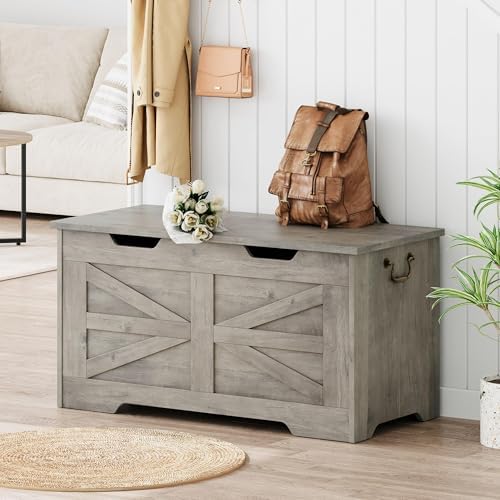 IDEALHOSUE 39.4" Storage Chest, Wooden Storage Bench with Safety Hinge, ...