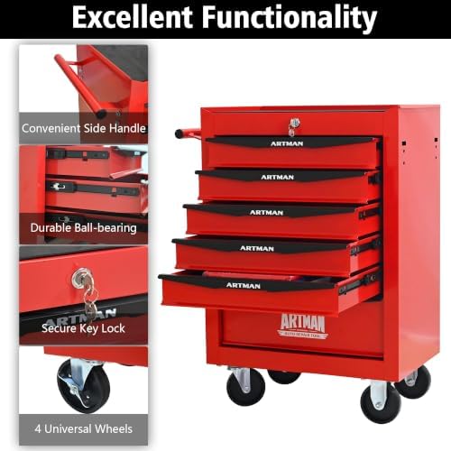 Heavy Duty 6-Drawer Rolling Tool Chest, Key Lock Tool Storage Cabinet with Lo...