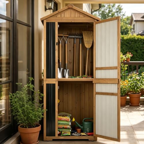 Gowoodhut Tall Outdoor Storage Cabinet with 4 Shelves, Garden Tool Shed