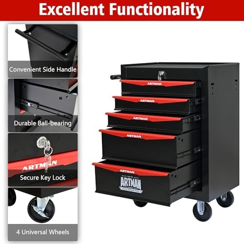 Heavy Duty 5-Drawer Rolling Tool Chest, Key Lock Tool Storage Cabinet with Lo...