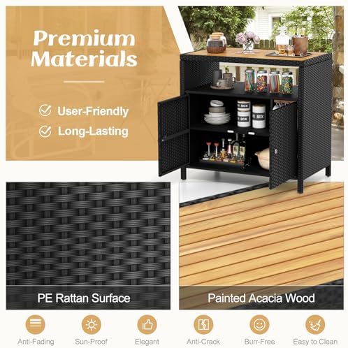 Rattan Storage Cabinet, Outdoor & Indoor Sideboards with Acacia Wood Coun...