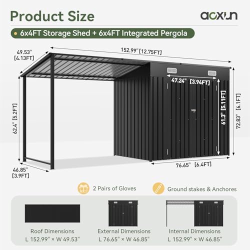 Aoxun 6x4FT Outdoor Storage Shed & Hardtop Gazebo with Magnetic Lights