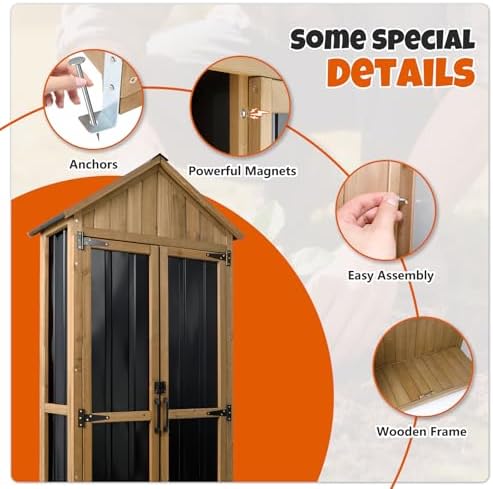 Outdoor Storage Cabinet with Shelves, Wood & Metal Storage Shed with Weat...