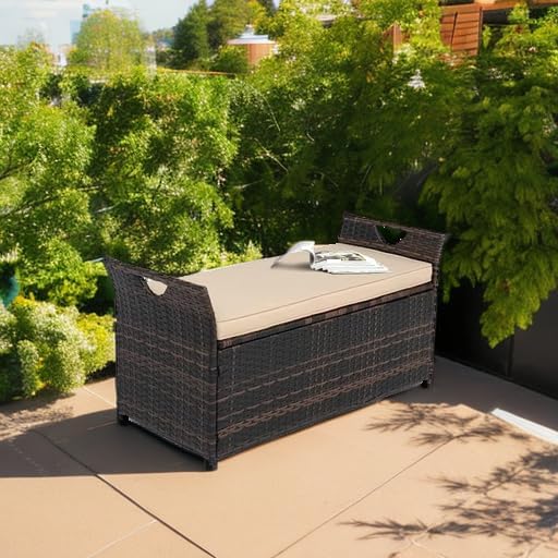 VINGLI 40 Gallon Outdoor Storage Bench with Cushion, Rattan Storage Box, Pati...