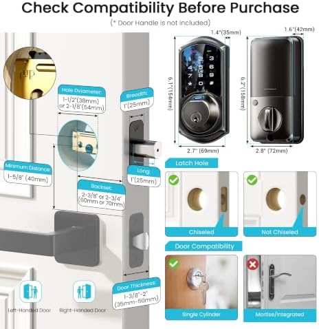 Veise VE07 Fingerprint Smart Deadbolt Lock, App Control, Fobs, Matte Black