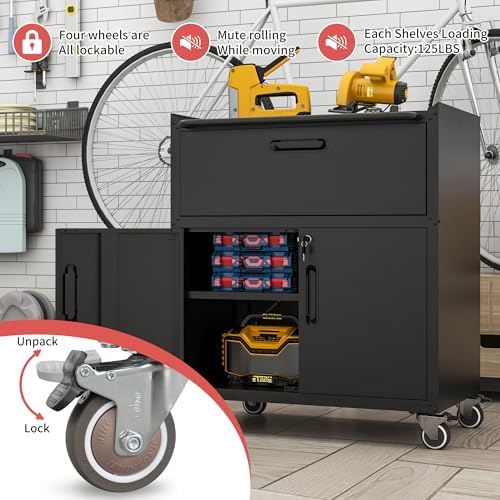 Metal Mobile Tool Storage Cabinet with 2 Locking Door and 1 Drawer