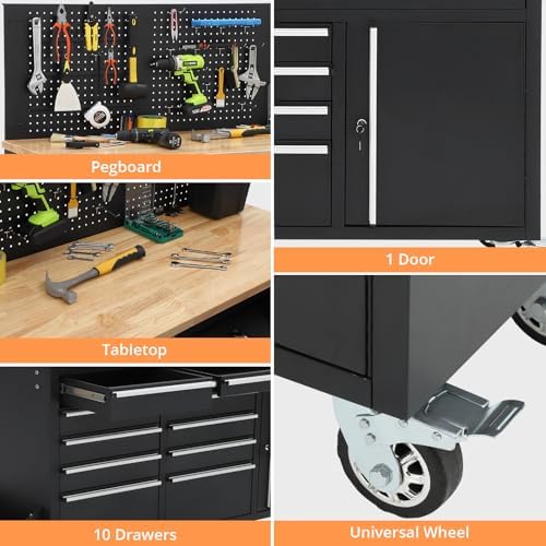 IDEALHOUSE 61-inch Rolling Tool Chest, 10 Drawers Garage Workbench Storage To...