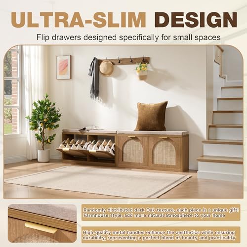 Rattan Narrow Entryway Bench with Shoe Storage, 2 Flip Drawers & Coat Rac...