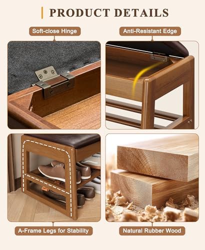 Shoe Rack Bench with Hidden Storage, 2‑Tier Solid Rubberwood Entryway Bench