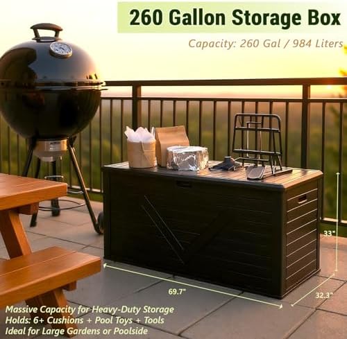 260 Gallon PRO Outdoor Storage Box Waterproof Lockable Resin Deck Box Large, ...