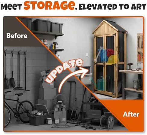 Outdoor Storage Cabinet with Shelves, Wood & Metal Storage Shed with Weat...