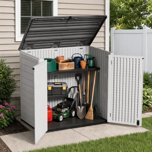 ADDOK Outdoor Storage Cabinet, 48 Cu.Ft Horizontal Resin Storage Shed