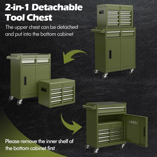 IRONMAX 2-in-1 Detachable Rolling Metal Tool Chest, 5 Drawers, Olive Green