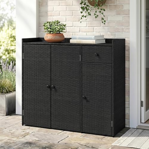Tangkula Rattan Outdoor Storage Cabinet with 2 Adjustable Shelves
