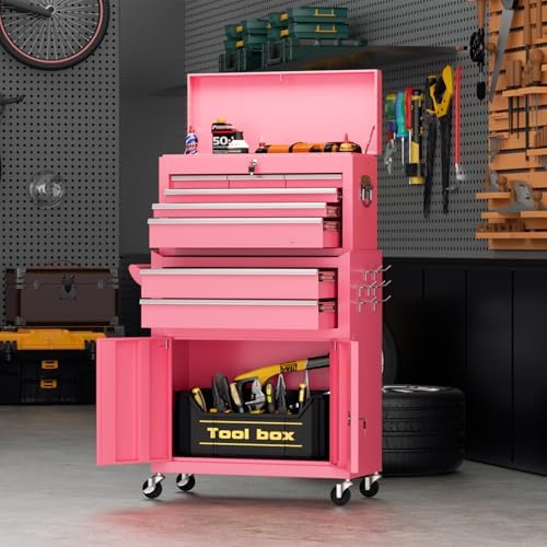 Crownland 8 Drawer Rolling Tool Chest with Wheels, Pink