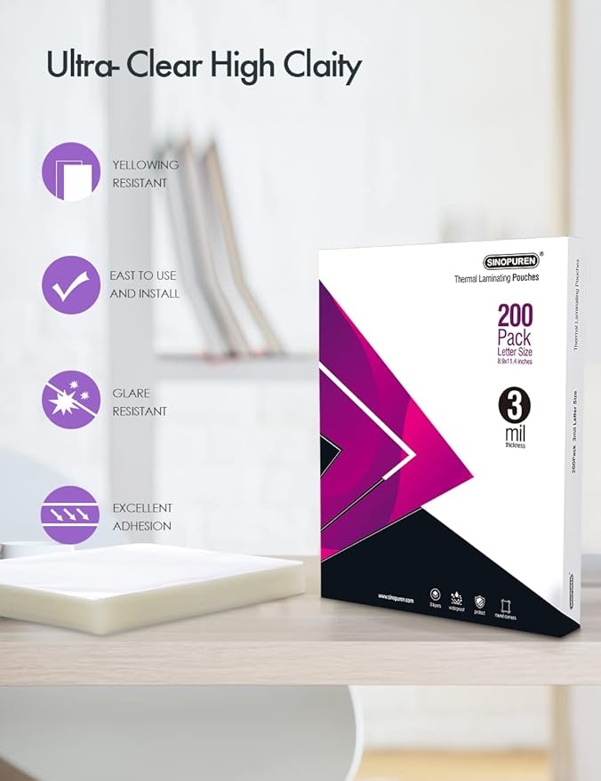 SINOPUREN Thermal Laminating Pouches, 3mil Laminating Sheets, 8.9x11.4 Inches...