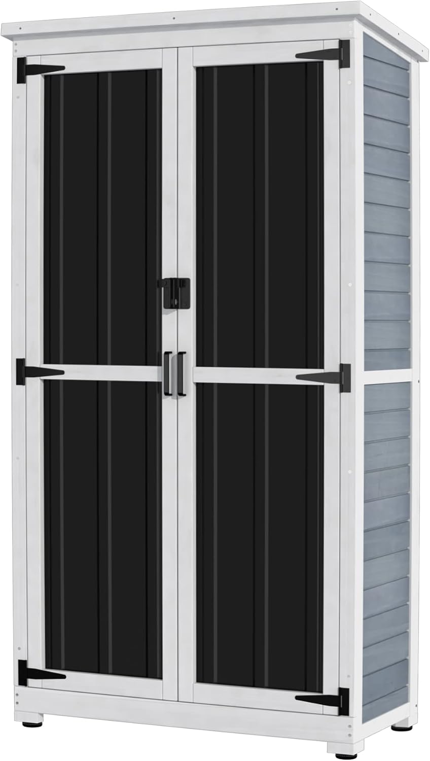 GDLF Outdoor Storage Cabinet, Wood & Metal Garden Shed, Tall Tool Organizer