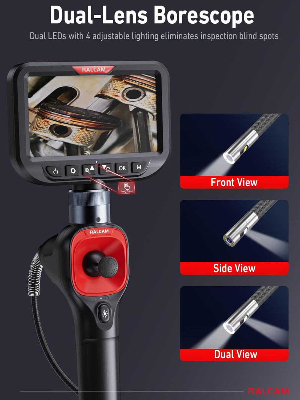 Ralcam 360° Articulating Borescope Dual Lens, 0.25in Slim Probe
