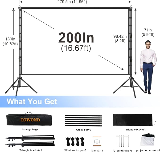 Outdoor Projector Screen with Stand, TOWOND 200 Inch Portable Projection Screen