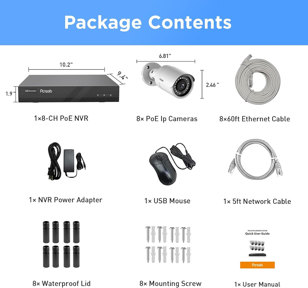 PoE Security Camera System 4K, 8CH NVR with 2TB HDD, PB37F0808-8M