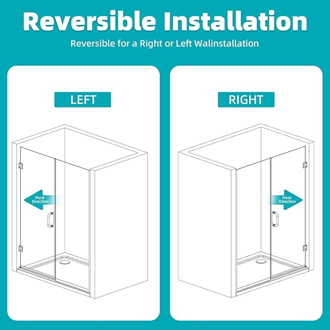 Pivot Swing Shower Door, Adjustable Width 48" W x 74" H Semi-Framel...