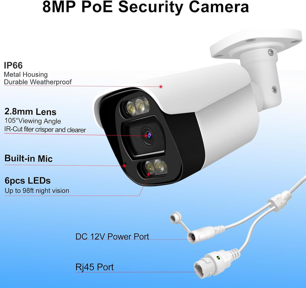 4K 8MP Bullet IP Security Camera with Mic, AI Detection