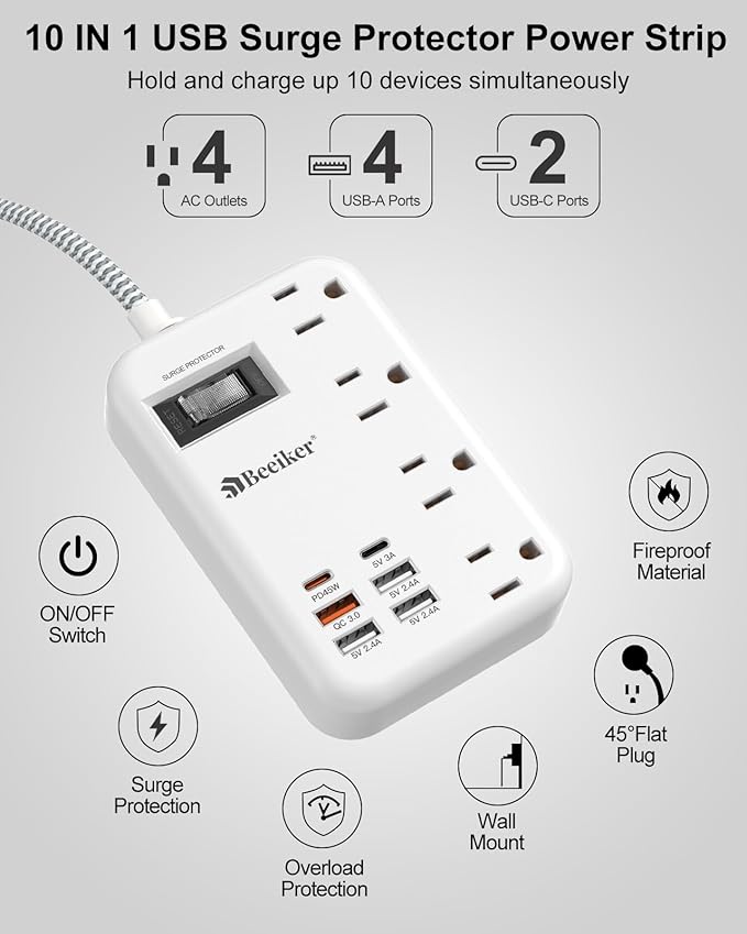 45W USB C Surge Protector Power Strip, Travel Power Strip