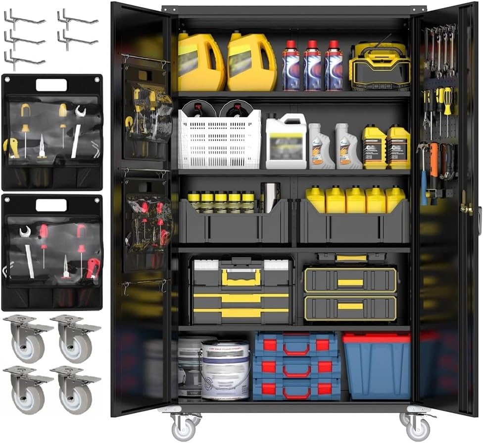 Yeeoy 72" Wide&Deep Metal Garage Storage Cabinet with Wheels, Black