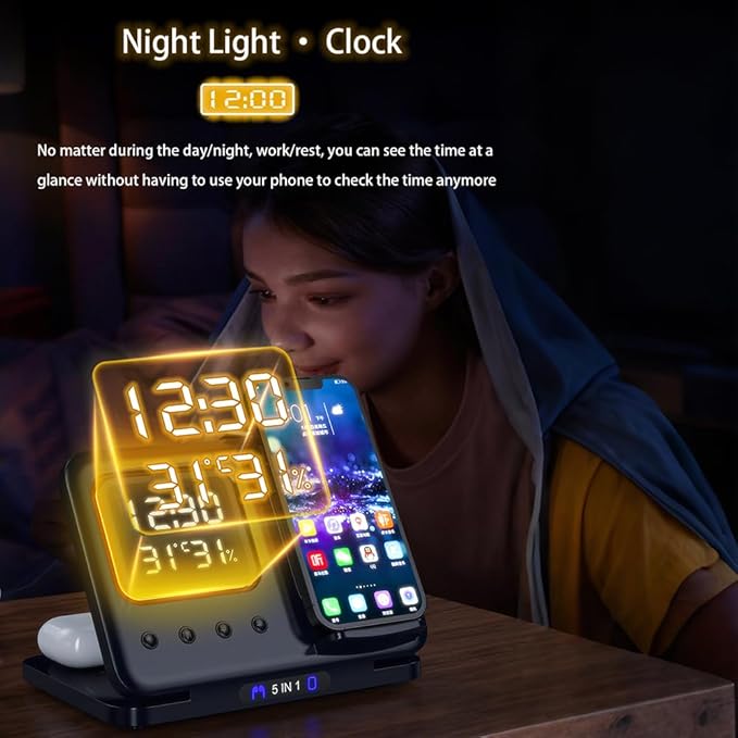 IHAO 5in1 Multi Functional Wireless Charging Station Digital Clock 15W Fast