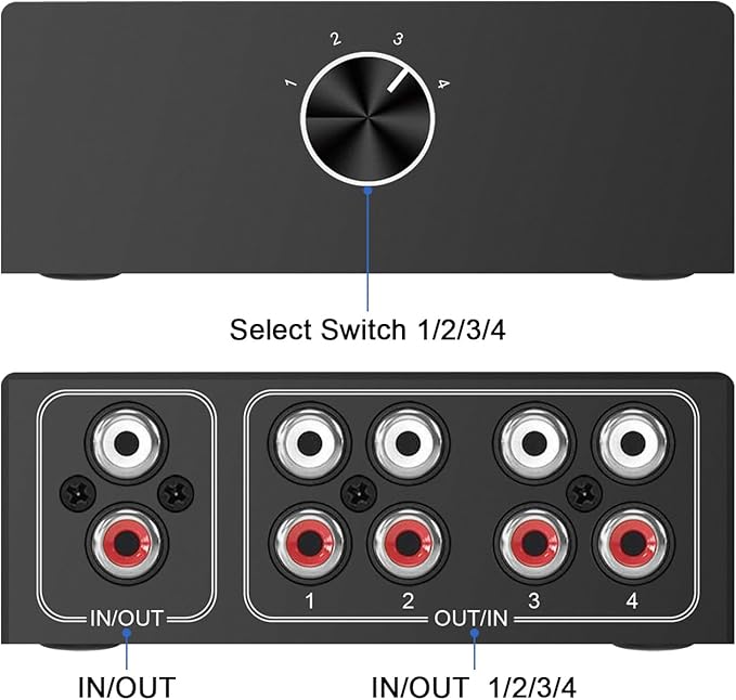 Dingsun 4-Way Stereo Audio Switcher, Bi-Directional Right and Left Channel