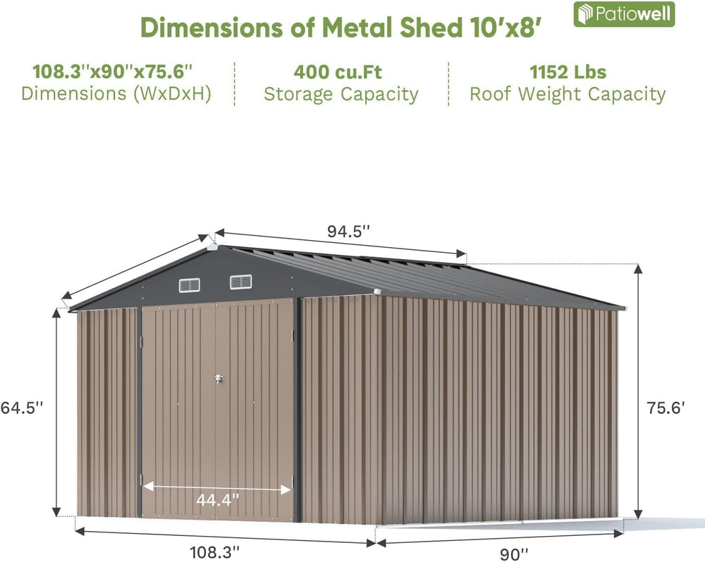 Patiowell 10x8 FT Outdoor Storage Shed, Metal Sheds, Brown