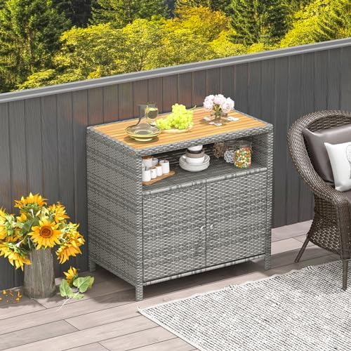 Rattan Storage Cabinet, Outdoor & Indoor Sideboards with Acacia Wood Coun...