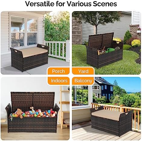 VINGLI 40 Gallon Outdoor Storage Bench with Cushion, Rattan Storage Box, Pati...