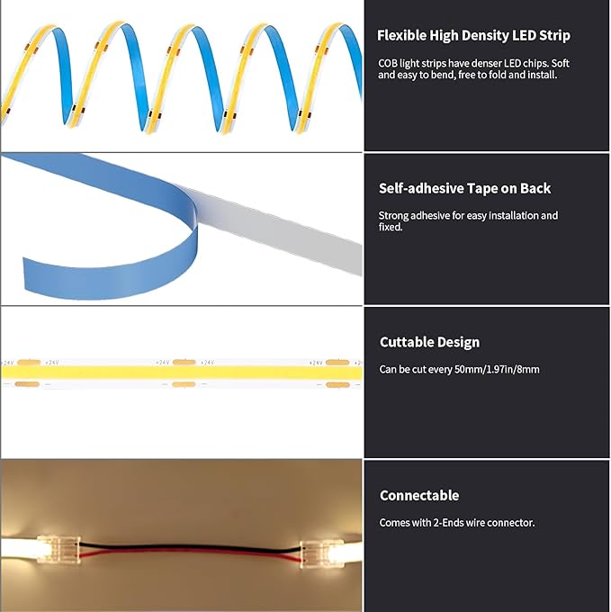 BUNACET COB LED Strip Light 40ft/12m Cool White 6500K High Lumen CRI 90+