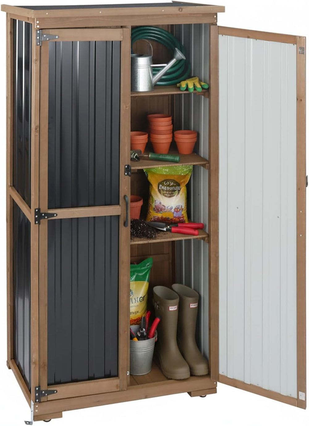 Outdoor Storage Cabinet with Shelves, Wood & Metal Storage Shed with Weat...