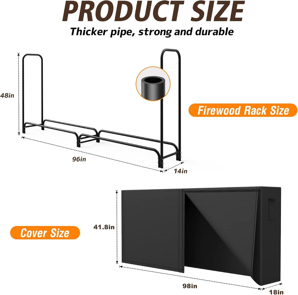 8ft Firewood Rack Outdoor with Oxford Fabric Cover Set, Weather Resistant Fir...
