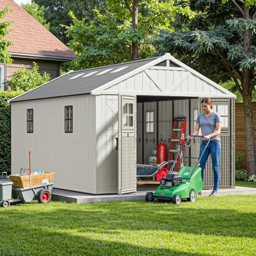 Patiowell 10x14 FT Resin Outdoor Storage Shed with Floor and Skylight