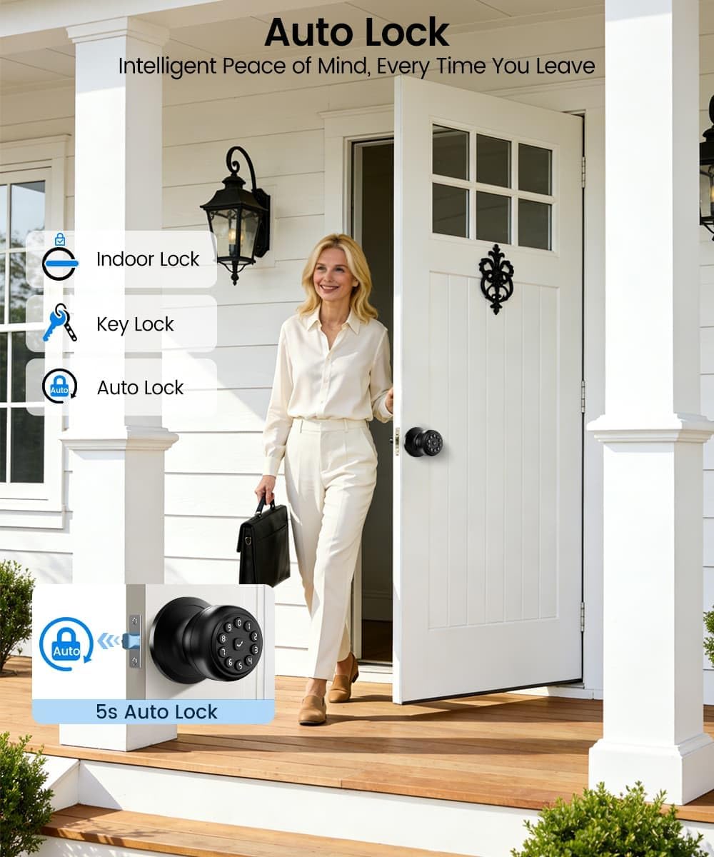 Smart Door Lock,Smart Keypad Door Knob with Lock,Bright Black