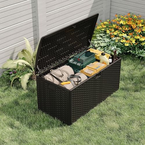 73 Gallon Waterproof Large Resin Deck Box Indoor Outdoor, Lockable Storage Co...